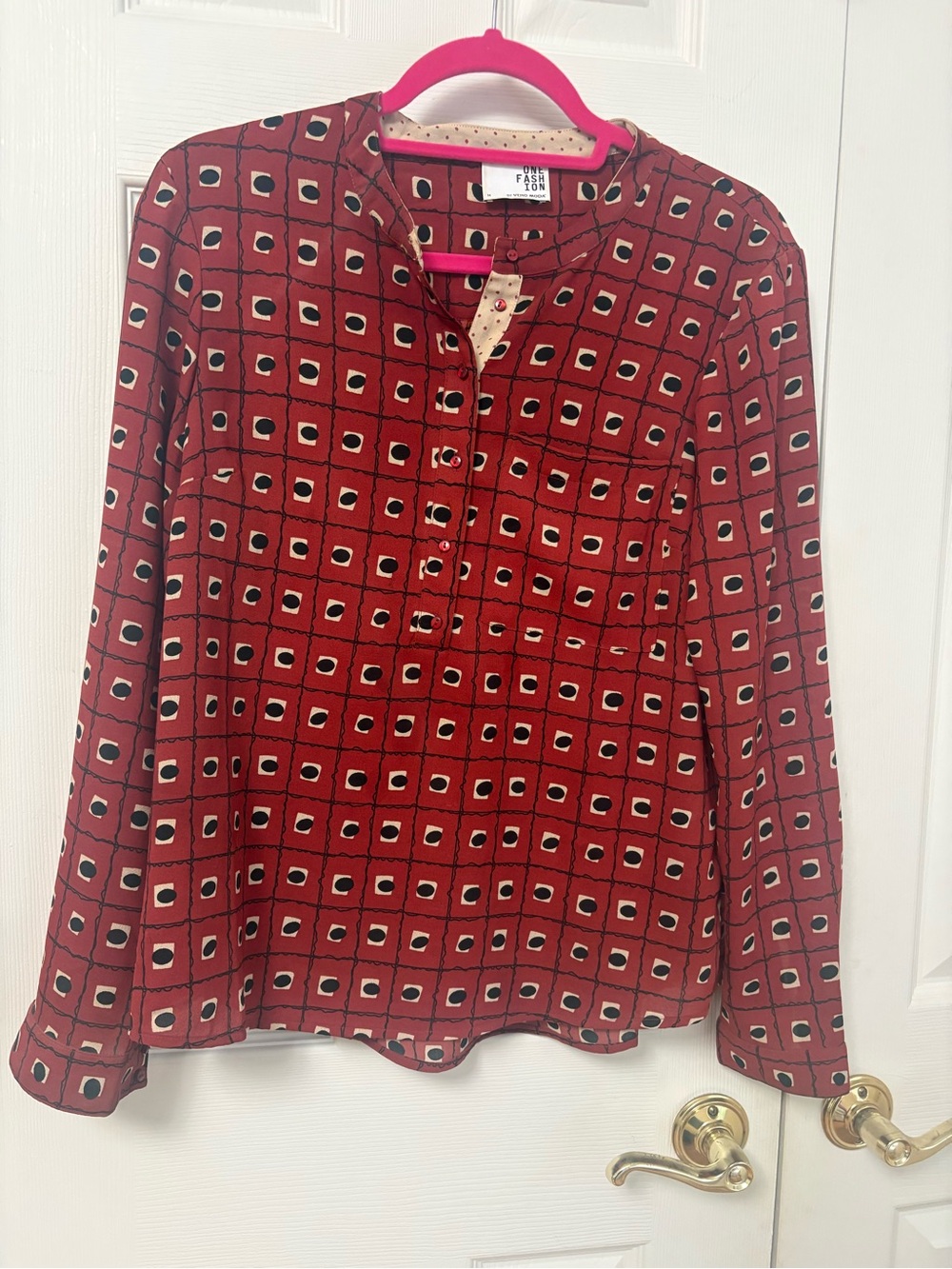 Red Geometric Long-Sleeve Blouse